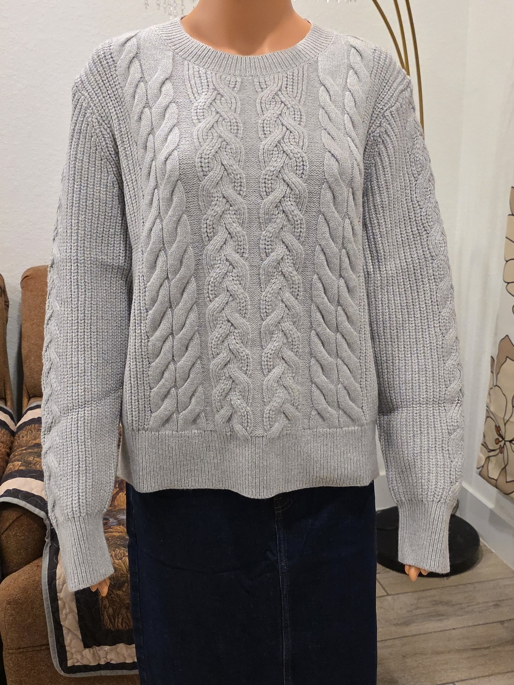 Banana Republic Light Gray Cable-Knit Crewneck Sweater